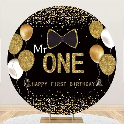 Aperturee Glitter Black Gold Bow Mr One Round Birthday Backdrop | Round Backdrop Fabric Cover | Round Backdrop Cover Diy | Ci...