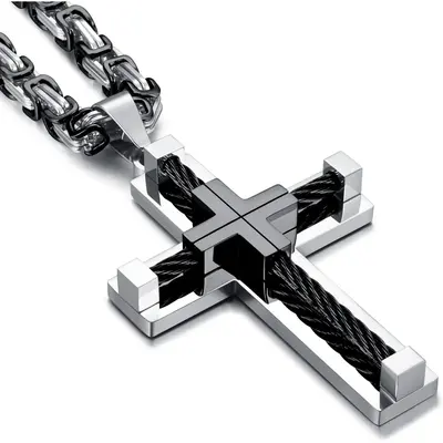 FLORIDECO Stainless Steel Large Cross Chain Byzantine Necklace for Men 24 Inch Adjustable Length Daily Jewelry Gifts Black/Go...