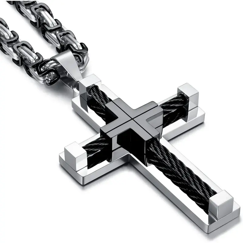 FLORIDECO Stainless Steel Large Cross Chain Byzantine Necklace for Men 24 Inch Adjustable Length Daily Jewelry Gifts Black/Go...