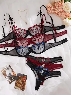 Women's Floral Embroidery Contrast Mesh Sheer Sexy Lingerie Set, Sexy Elegant Underwire Bra & Thong Set, Ladies Sexy Underwe...