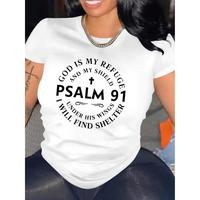 Stylish Faith-Inspired Graphic Tee- Soft Short Sleeve Comfort Fit Top with Psalm 91 Letter Print- Women'S Casual Wear for Eve...