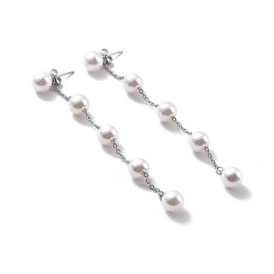 Round Plastic Pearl Beaded Long Chain Dangle Stud Earrings