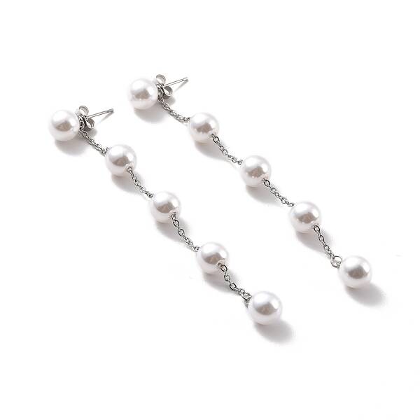 Round Plastic Pearl Beaded Long Chain Dangle Stud Earrings