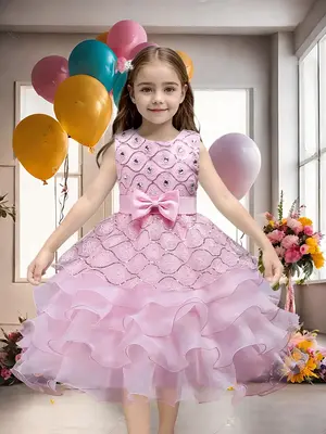 Girl's Floral Embroidery Contrast Sequin Tiered Layer Party Dress, Elegant Artificial Gemstone Decor Bow Decor Tie Back Tulle...