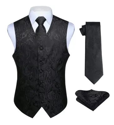 HISDERN Mens Vest Tie Set 3PC Formal Waistcoat Paisley Floral Jacquard Necktie Pocket Square Suit Vests Wedding Party Clothes...