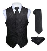 Mens Vest Tie Set 3PC Formal Waistcoat Paisley Floral Jacquard Necktie Pocket Square Suit Vests Wedding Party Clothes Black F...