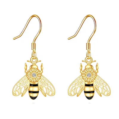 14K Gold & Black Cubic Zirconia Bee Drop Earrings for Women