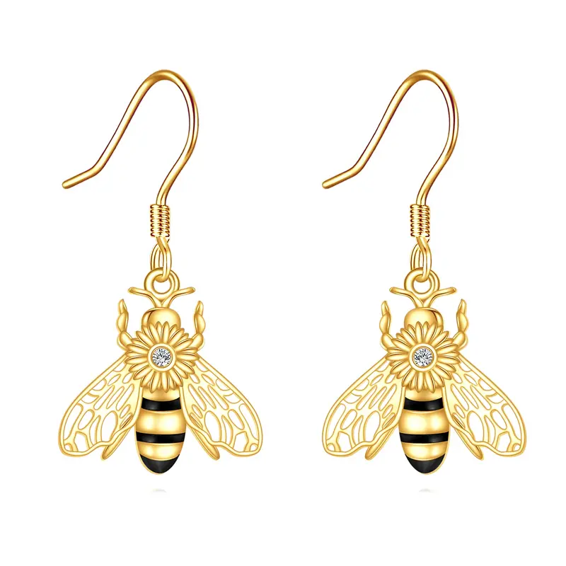 14K Gold & Black Cubic Zirconia Bee Drop Earrings for Women