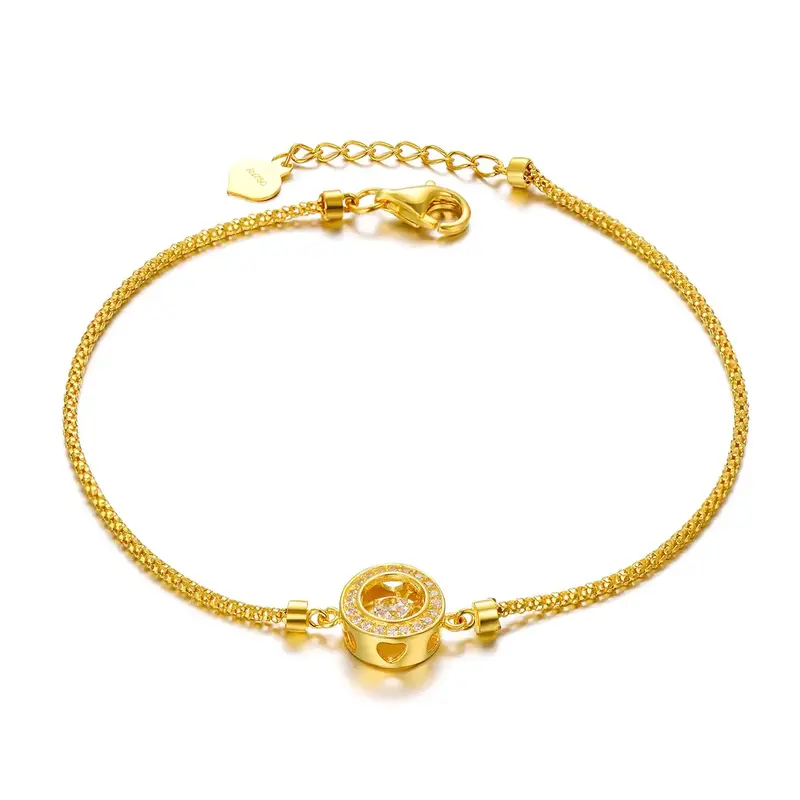18K Gold Cubic Zirconia Circle & Heart Charm Bracelet