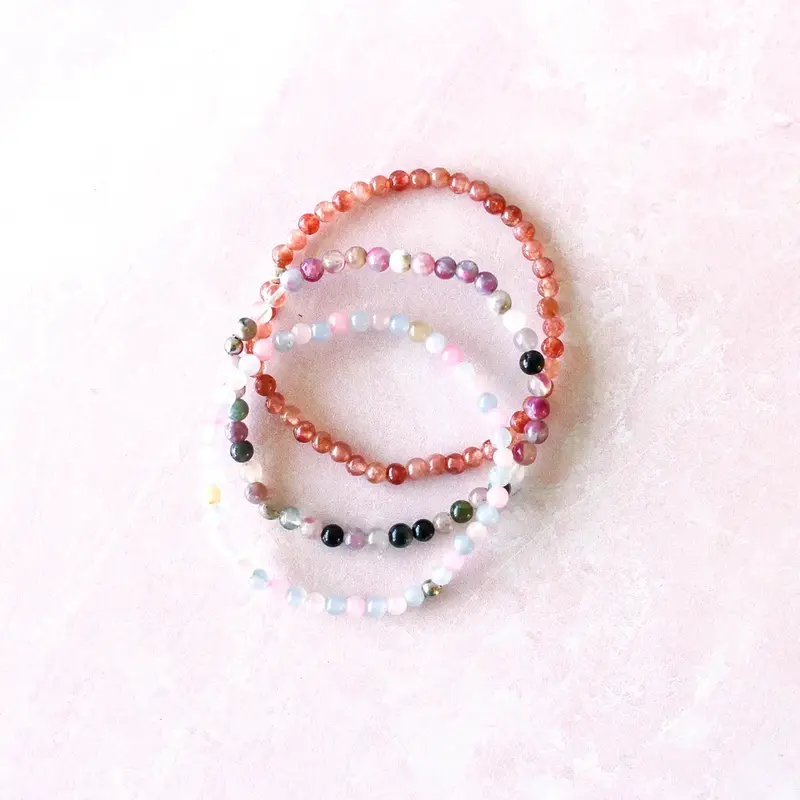 Goddess Sunstone, Morganite, Rainbow Tourmaline Natural Crystal Bracelet Set | 4mm Dainty