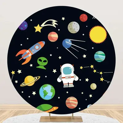 Black Stars Astronaut Galaxy Round Birthday Backdrop - Aperturee