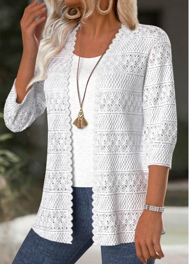 Modlily White 3/4 Sleeve Texture Light Cardigan - L
