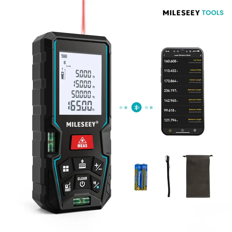 Mileseey D5T 165 Feet Laser Measurement Tool with 2 Bubble Levels, supports connection to a mobile app, ±1/16 inch accuracy,...