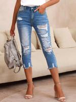 Women's Plain Ripped Raw Hem Skinny Jeans, Casual Pocket Button Capris Denim Pants for Summer, Capri Pants, Fashion Women's D...