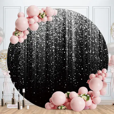 Aperturee Glitter Silvery Round Black Happy Birthday Backdrop | Photo Backdrop For Grad Party | Grad Photo Backdrop | Persona...