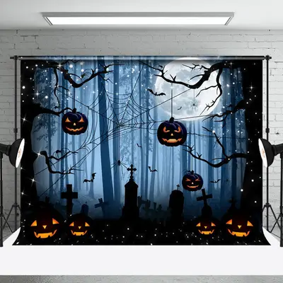 Blue Dark Night Forest Grave Spider Web Halloween Backdrop