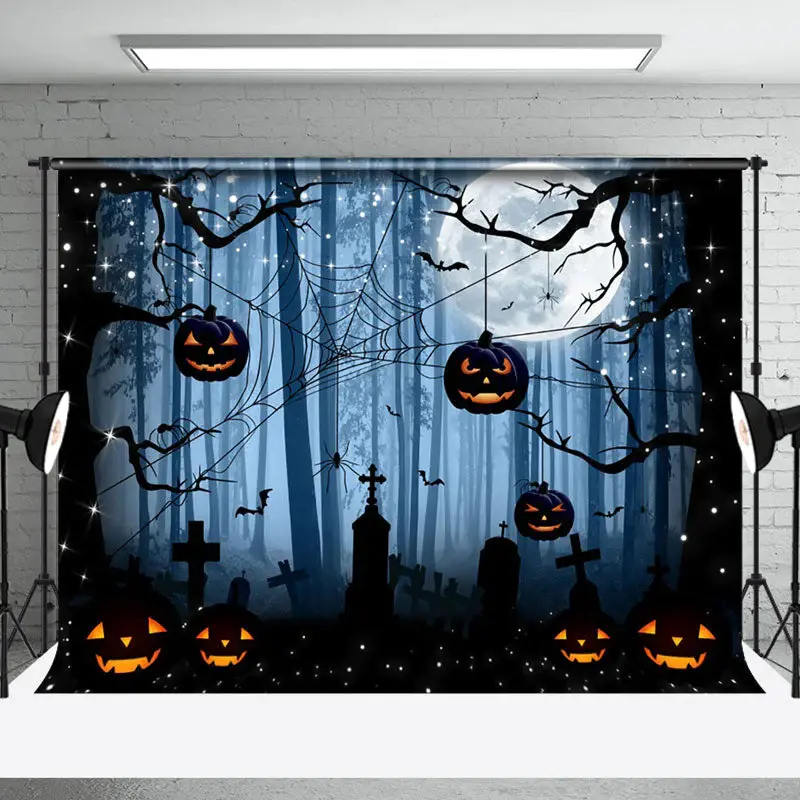 Blue Dark Night Forest Grave Spider Web Halloween Backdrop
