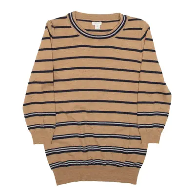 J.CREW Patterned Jumper Brown Striped Tight Knit Wool 3/4 Sleeve Womens M