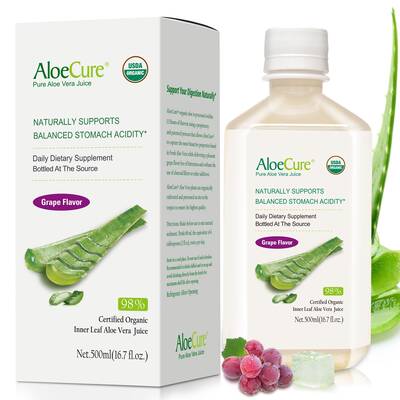 AloeCure USDA Organic Aloe Vera Juice Grape Flavor, Made Within 12 Hours of Harvest - Pure Aloe Juice For Natural Digest