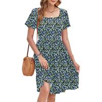 AUSELILY Womens Summer Dresses Ditsy Floral Print Short Sleeve Square Neck A-Line Ruffle Empire Waist Sundress with Pockets 2...