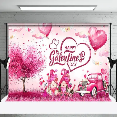 Pink Hearts Gnome Car Happy Galentines Day Backdrop - Aperturee