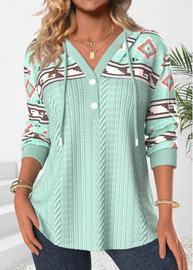 Modlily Green Patchwork Tribal Print Long Sleeve Hoodie - M