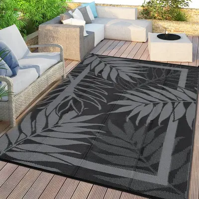 Garvee Waterproof Outdoor Rug 9x12ft – Heavy Duty Reversible Plastic Mat – Modern Non-Slip Patio Carpet – Easy Clean, U...