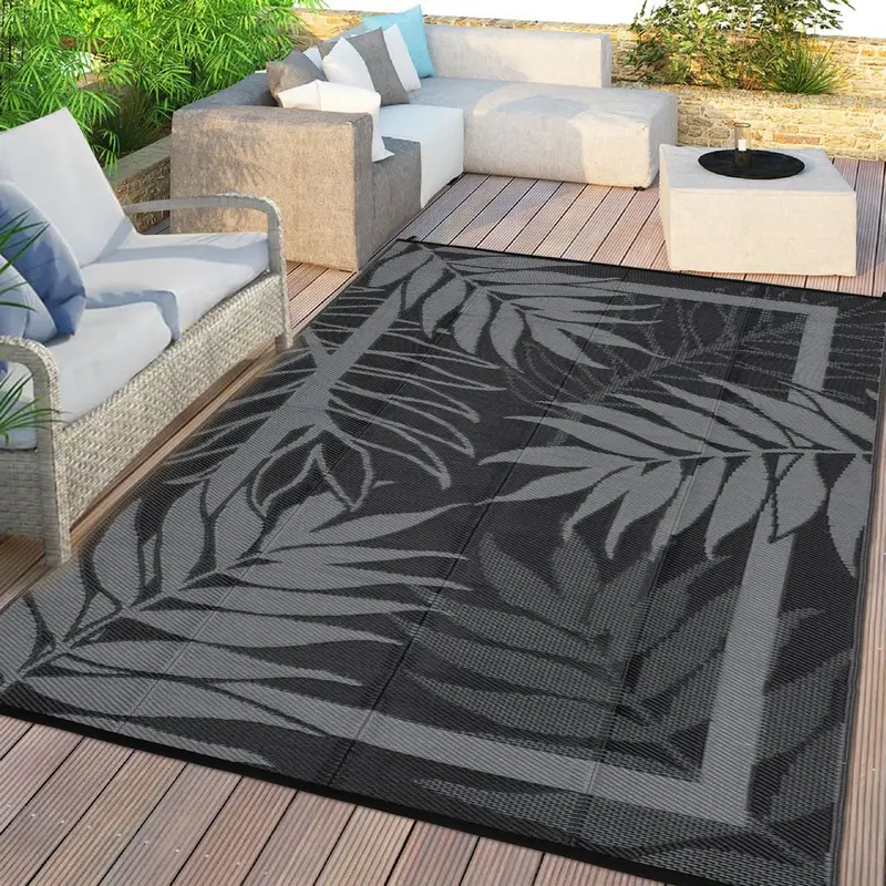 Garvee Waterproof Outdoor Rug 9x12ft – Heavy Duty Reversible Plastic Mat – Modern Non-Slip Patio Carpet – Easy Clean, U...