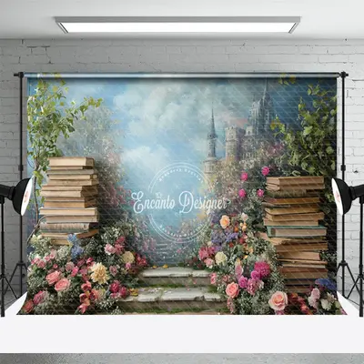 Blue Sky Castle Wall Books Backdrop Photo Shoot - Aperturee