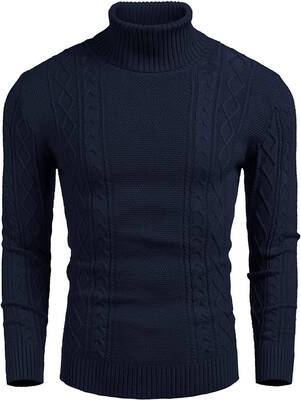Turtleneck Casual Cable Knitted Pullover Sweaters (US Only), Navy Blue / XXXL