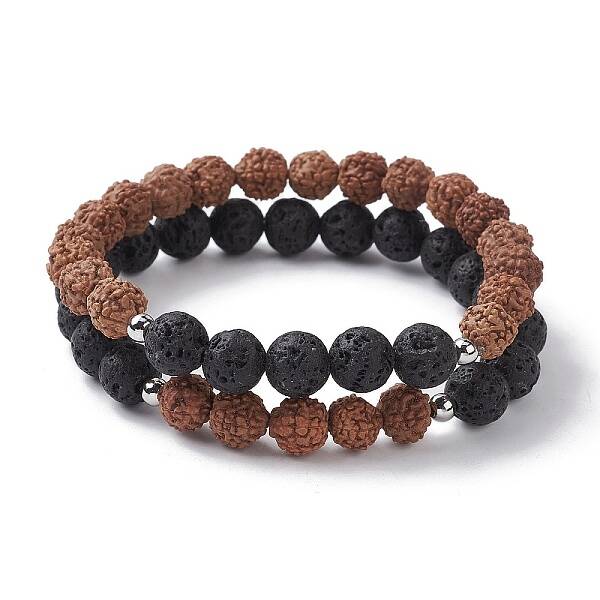 Natural Lava Rock & Wooden Round Beaded Stretch Bracelet