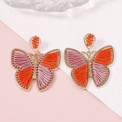 Bohemian Ethnic Style Alloy Frame Cotton Thread Woven Butterfly Stud Dangle Earrings for Women