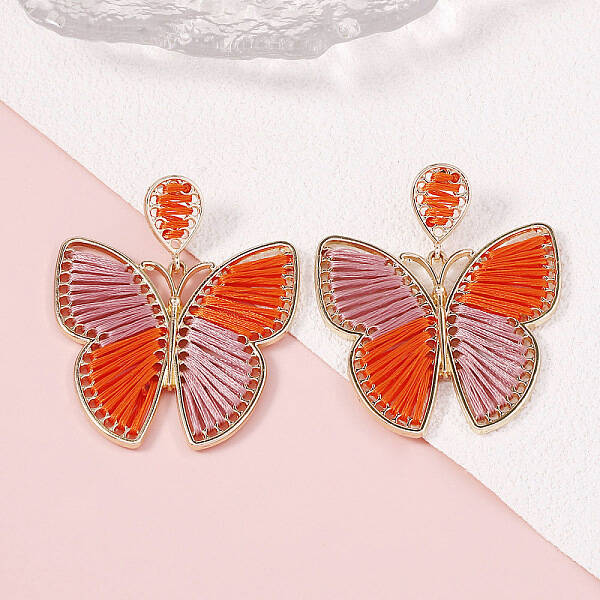 Bohemian Ethnic Style Alloy Frame Cotton Thread Woven Butterfly Stud Dangle Earrings for Women