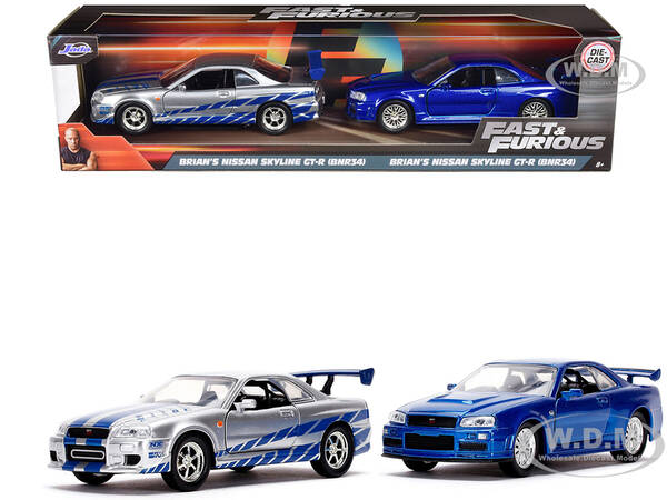 Brians Nissan Skyline GT-R (BNR34) Silver with Blue Stripes and Nissan GT-R (BNR34) Blue Metallic Set of 2 pieces \
