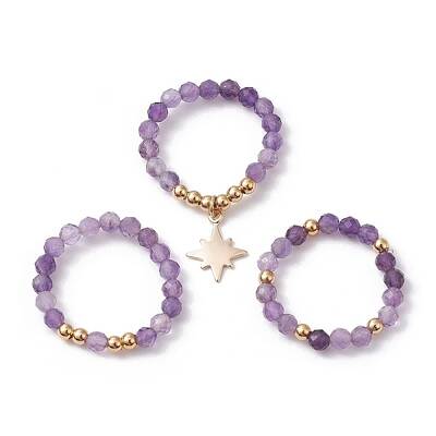 3Pcs 3 Style Natural Amethyst Beaded Stretch Rings Set