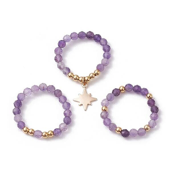 3Pcs 3 Style Natural Amethyst Beaded Stretch Rings Set