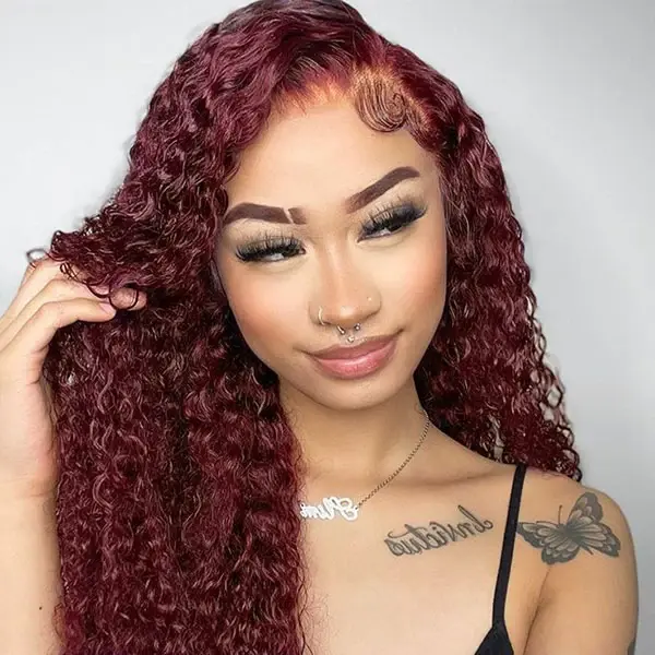 Dark 99J Burgundy Jerry Curly 4x4 5x5 6x6 Glueless Lace Closure Wig 100% Human Hair
