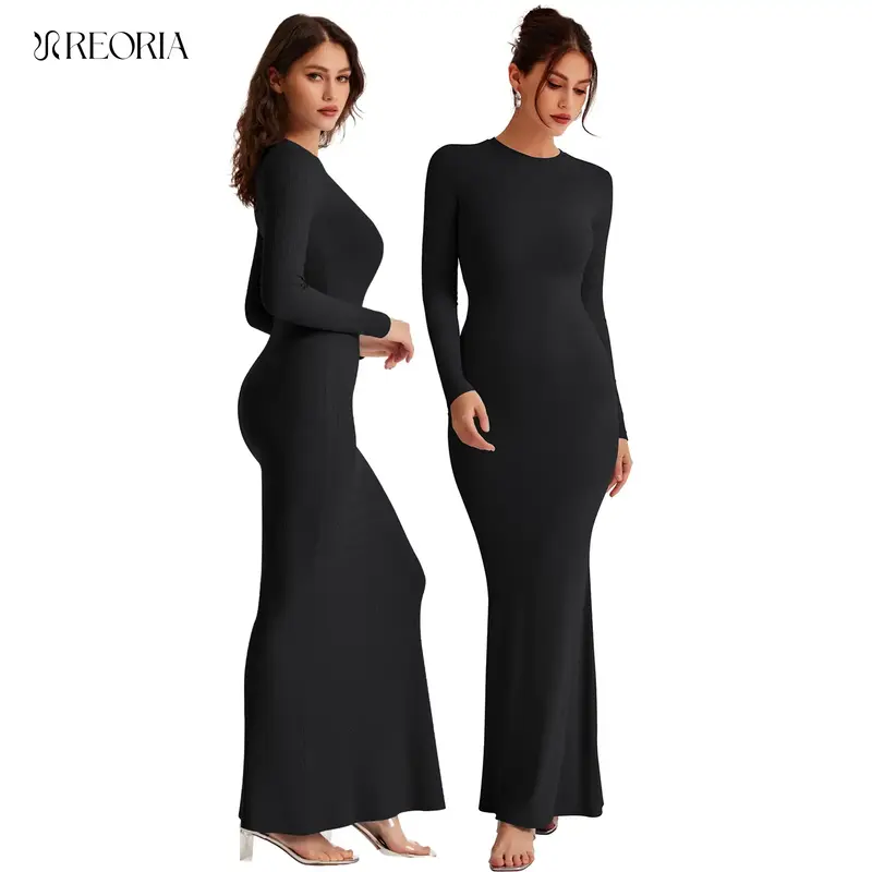 REORIA Fallfreshness Women's Sexy Crew Neck Lounge Long Dress  with Fishtail Hem  - Machine Washable, Summer Elegant Long Sle...
