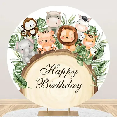Round Safari Animals Wood Stump Birthday Backdrop - Aperturee
