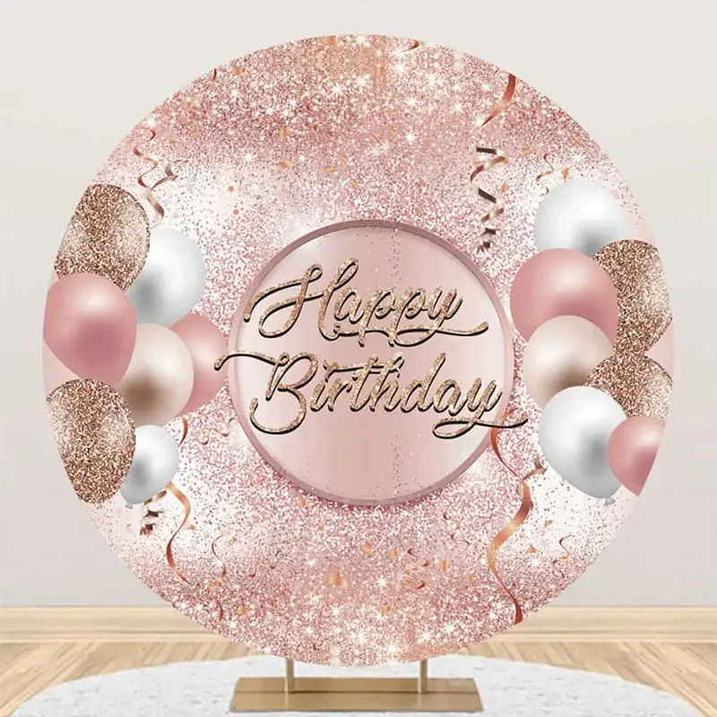 Rose Gold Glitter Balloons Round Birthday Backdrop - Aperturee