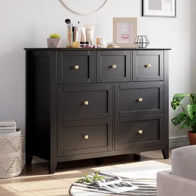 Garvee Modern Black 7-Drawer Dresser With Nickel Round Handles, Stylish Wood Organizer With Deep Drawers for Ample Storage Sp...
