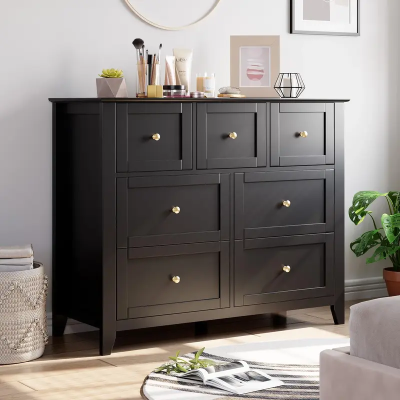 Garvee Modern Black 7-Drawer Dresser With Nickel Round Handles, Stylish Wood Organizer With Deep Drawers for Ample Storage Sp...