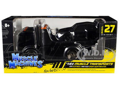 JDM Flatbed Truck Matt Black and 1986 Audi Sport Quattro S1 E2 Matt Black Muscle Transports Series 1/64 Diecast Models by M...
