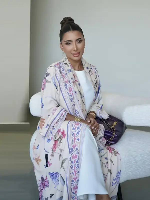 Muslim Women's Abaya Set with Hijab, Elegant Simple Floral Print Long Robe Jacket, Casual Party Beachwear, All Seasons Wear