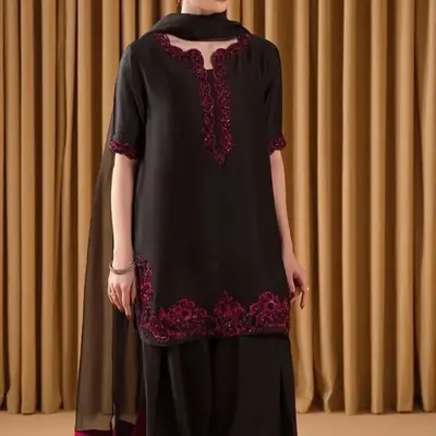 Black and Pink Farsi Salwar for Indian and Pakistani Ladies with Red Embroidery and Floral Design