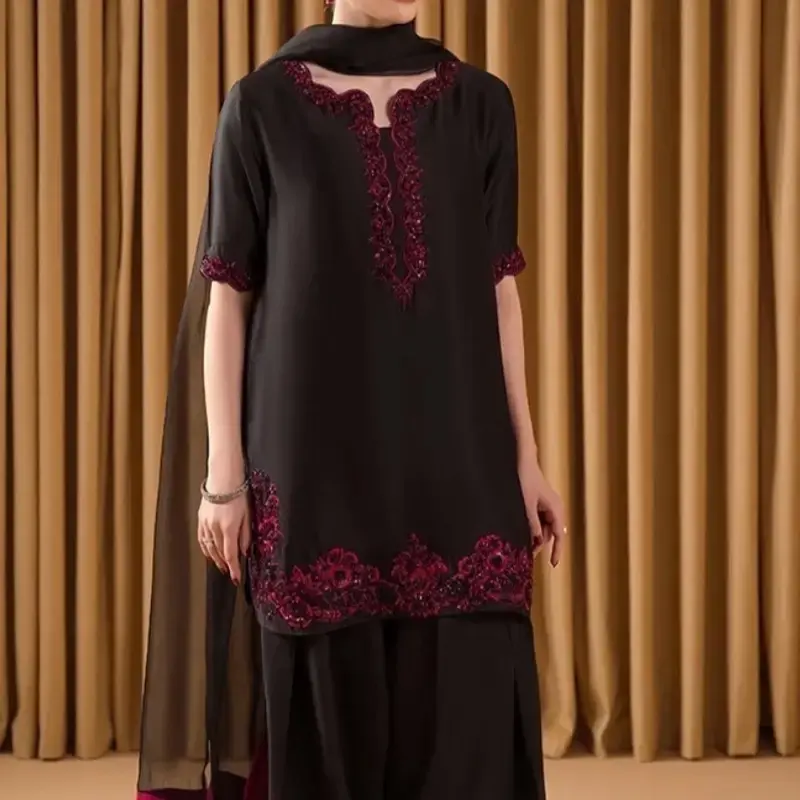 Black and Pink Farsi Salwar for Indian and Pakistani Ladies with Red Embroidery and Floral Design