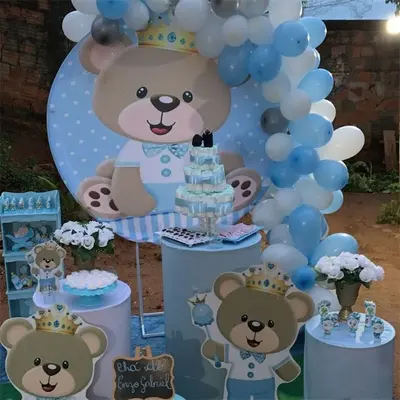 Aperturee Circle Little Teddy Bear Round Blue Baby Shower Backdrop | Round Backdrop Fabric Cover | Circle Background For Part...