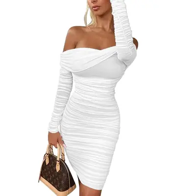 OYS Women's Sexy Elegant Ruffle Long Sleeve Off Shoulder Ruched Party Mini Dress Fabric Formal Fabric Formal