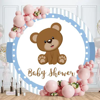 Aperturee Blue Grey Round Teddy Bear Baby Shower Backdrop