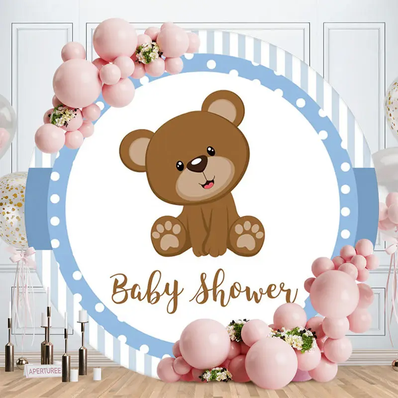 Aperturee Blue Grey Round Teddy Bear Baby Shower Backdrop